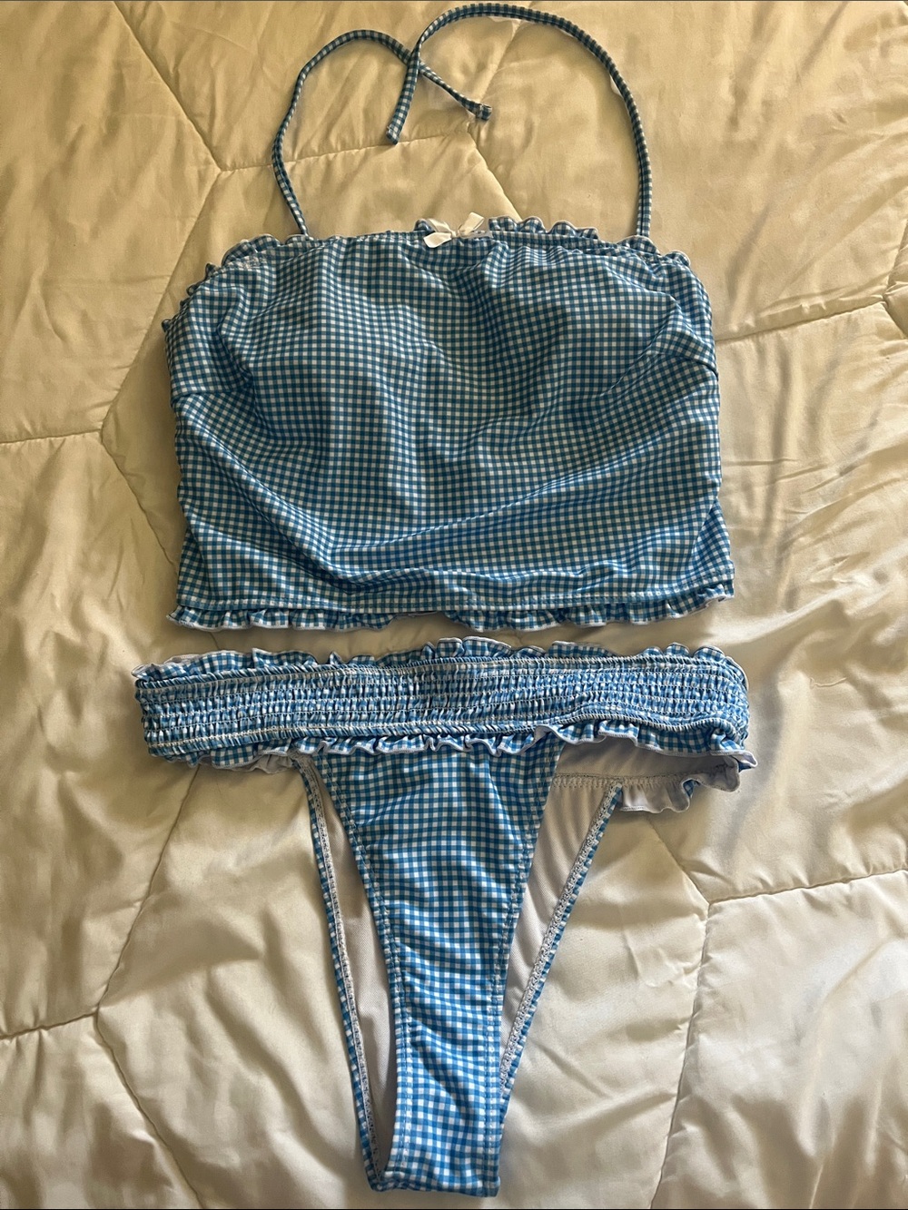 SHEIN Blue Gingham Bandeau Bikini Set